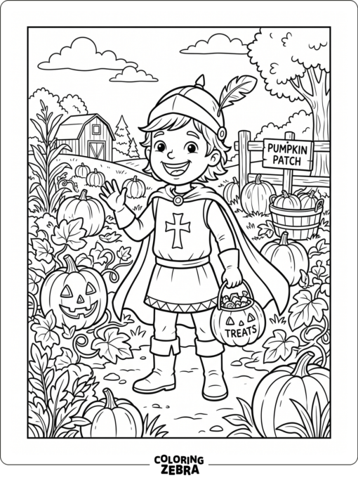 A costumed child holding a candy bucket near pumpkins