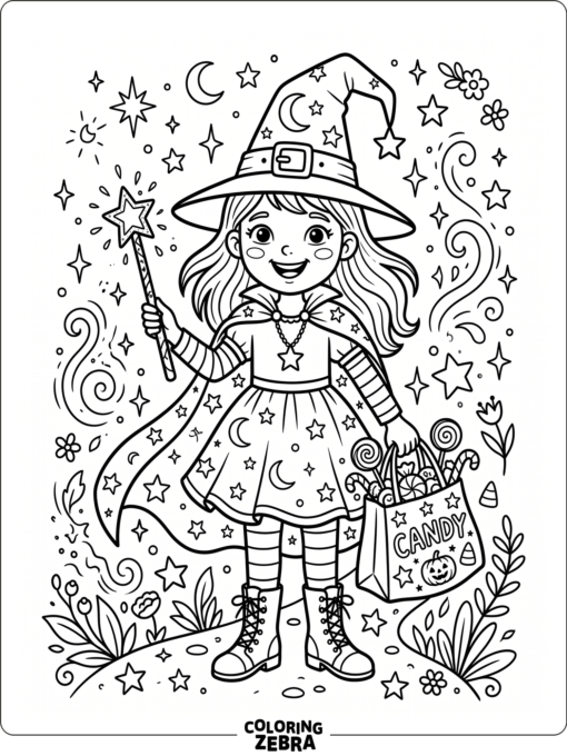 A girl in a witch costume holding a wand and candy bag