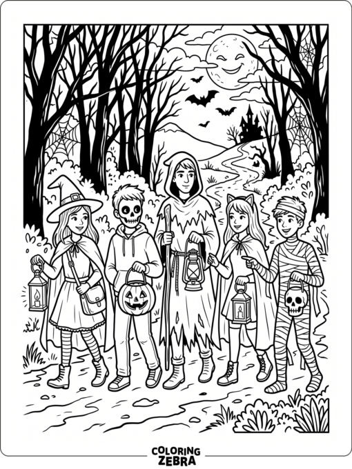 Teens in costumes on a moonlit path