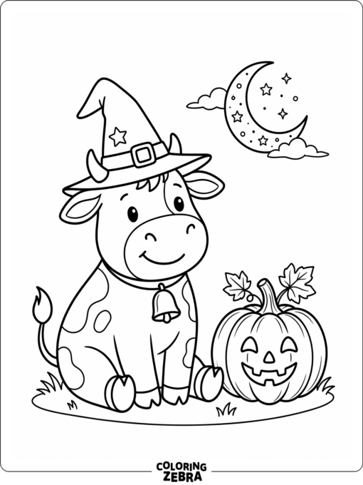 A cow in a witch hat with a pumpkin and moon