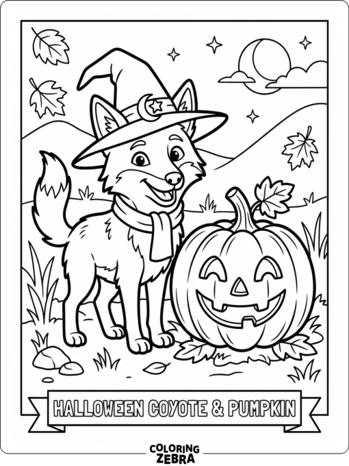 A coyote in a witch hat beside a pumpkin