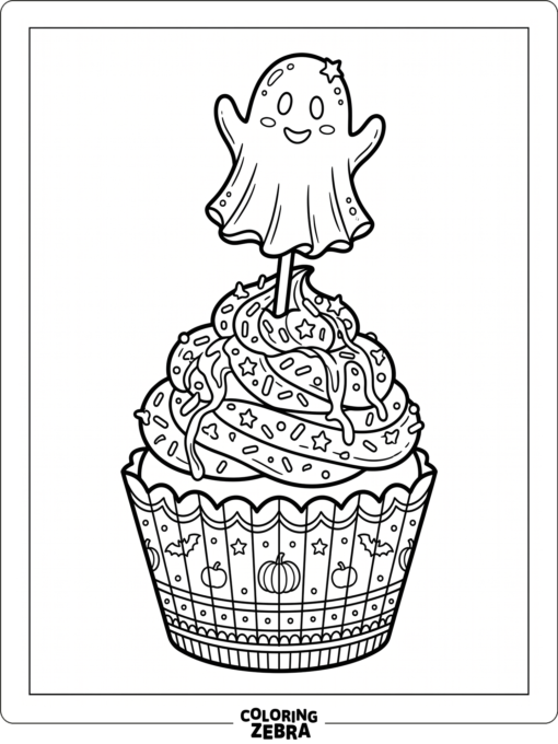 A Halloween cupcake with a ghost topper and sprinkles