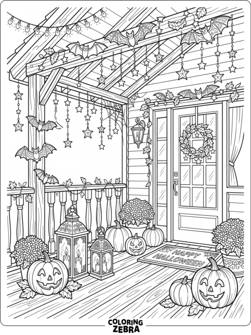 A porch filled with Halloween decorations like pumpkins and bats