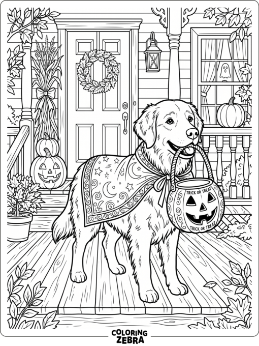 Halloween dog with a pumpkin bucket