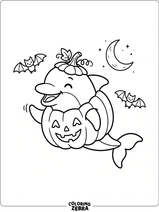 A dolphin in a pumpkin costume with bats overhead