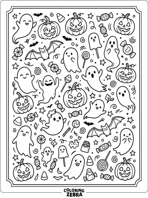 Halloween doodles with ghosts, pumpkins, bats, and candy