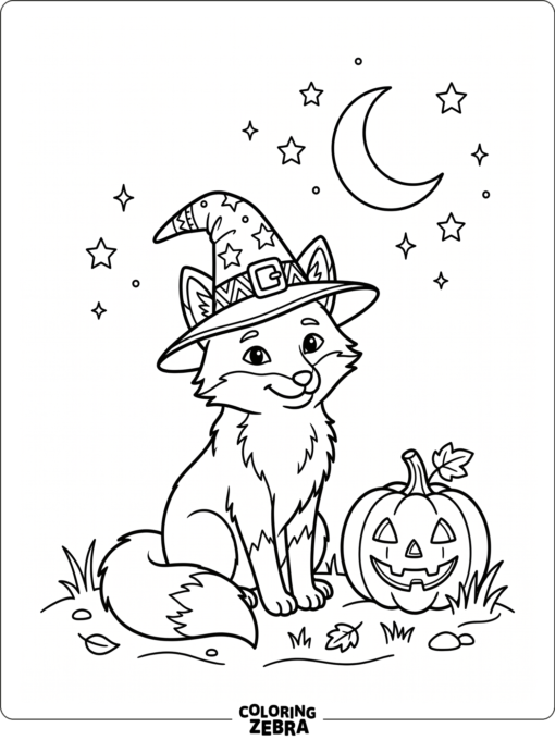 A fox in a witch hat sits near a pumpkin