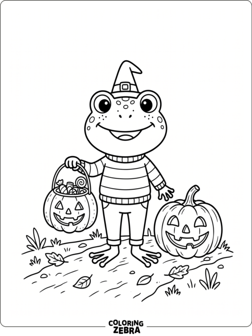 A frog with a pumpkin bucket near a jack-o-lantern