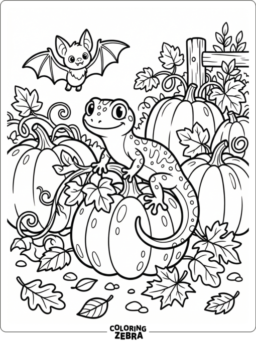 A gecko in a pumpkin patch with a bat nearby