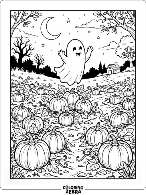 Floating ghost over a pumpkin patch