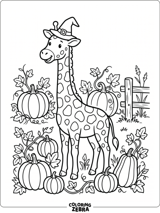 A giraffe in a witch hat among pumpkins