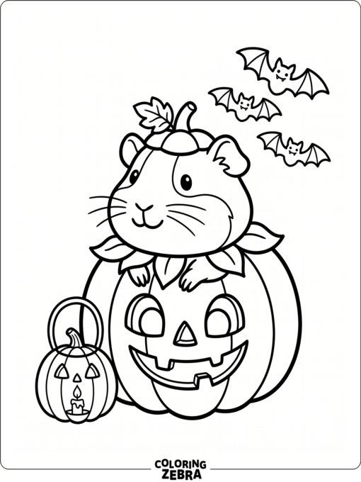 A guinea pig in a pumpkin costume with bats