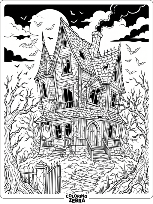 A spooky haunted house with bats circling the roof and bare trees nearby