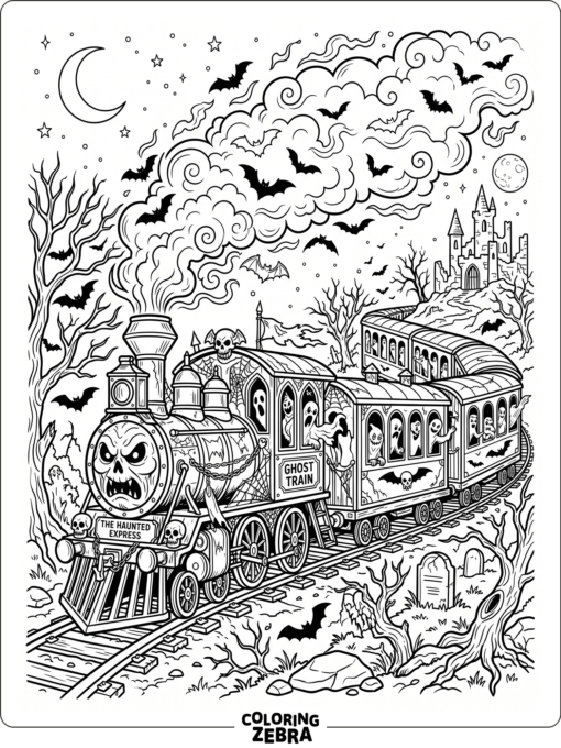 Haunted train with ghost windows, bats, and smoke