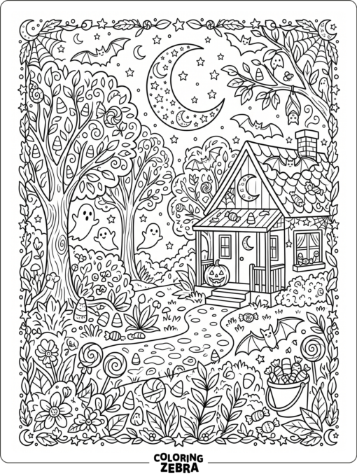 A hidden picture with bats candy and ghosts