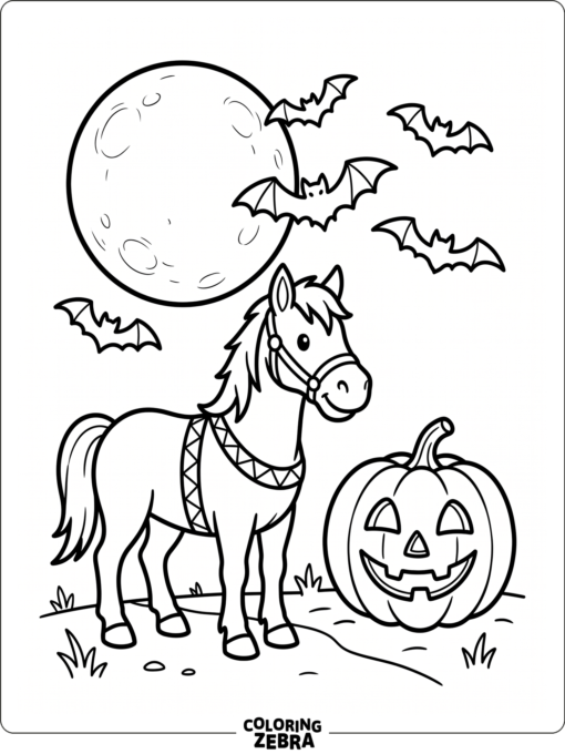A horse with a pumpkin under a full moon