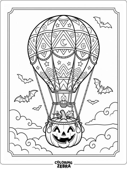 A hot air balloon with a pumpkin basket and small bats