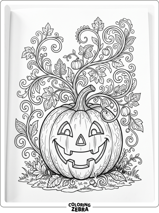 A jack o lantern with a big grin and curling vines