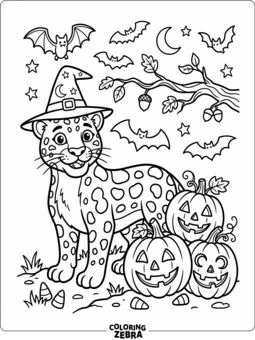 A jaguar in a witch hat with pumpkins