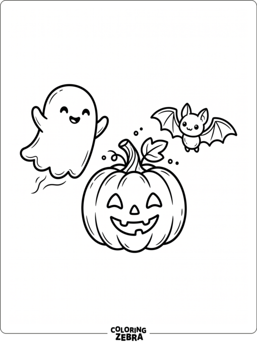 A kawaii ghost, pumpkin, and bat with simple smiling faces