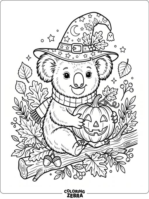 A koala in a witch hat beside a pumpkin