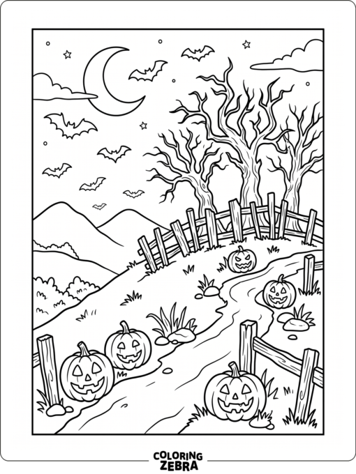 A spooky hill scene with bats, pumpkins, and bare trees