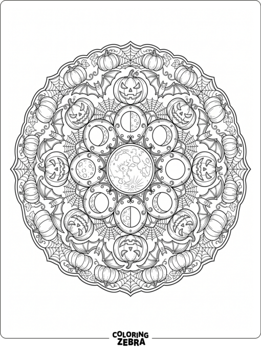 Halloween mandala with pumpkins and bats