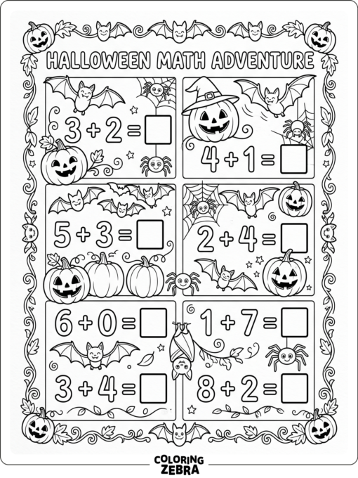 A Halloween math sheet with pumpkins, bats, and counting problems