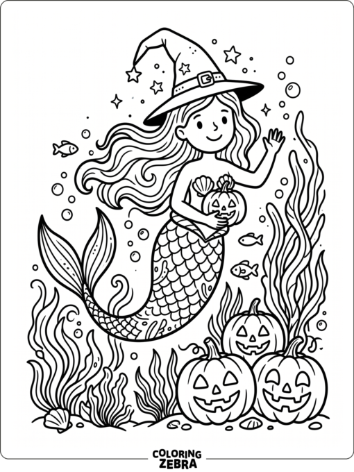 A mermaid in a witch hat with pumpkins and seaweed