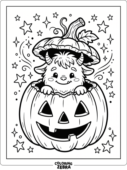 Friendly monster peeking from a pumpkin