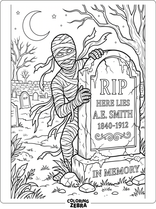 A mummy peeking from behind a tombstone