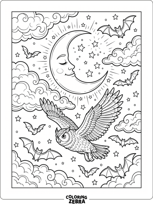 Moonlit Halloween sky with bats, clouds, stars, and an owl