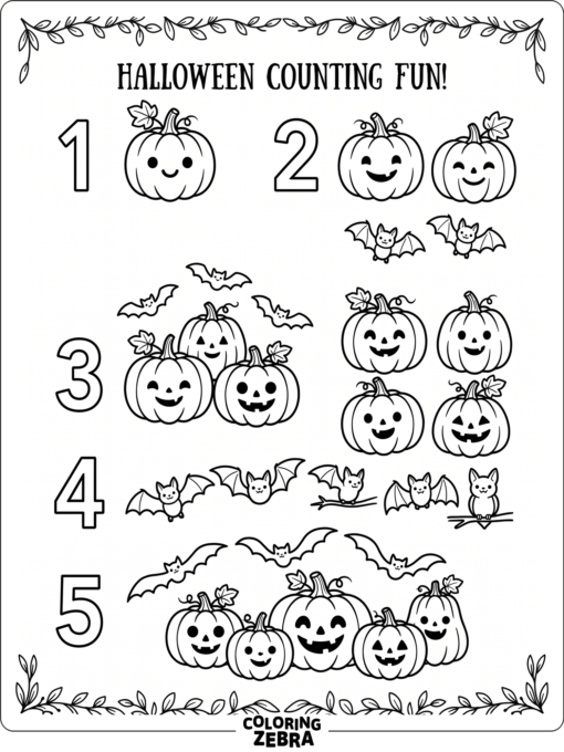 A Halloween counting page with pumpkins, bats, and numbers