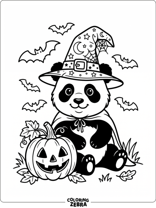 A panda in a witch hat with a pumpkin