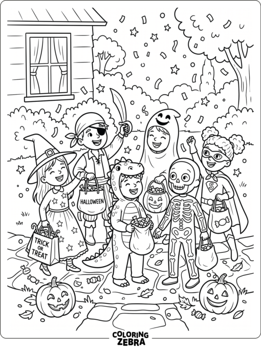 Kids in costumes holding candy bags