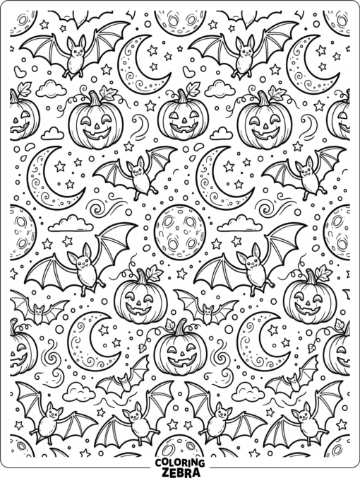 Simple Halloween pattern with bats, moons, and pumpkins