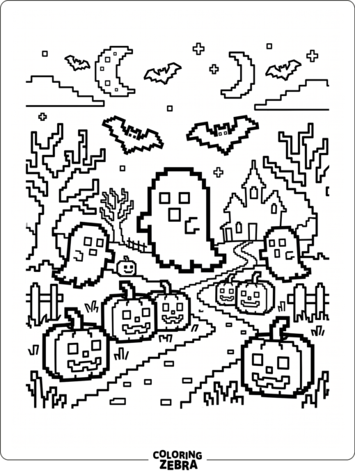 Blocky ghost, pumpkin, and bat in pixel art style