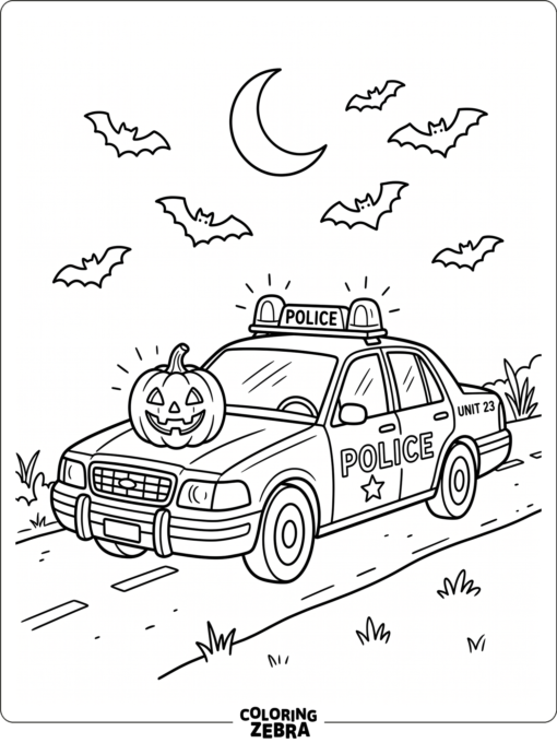 Police car with a pumpkin, bats, and a moon