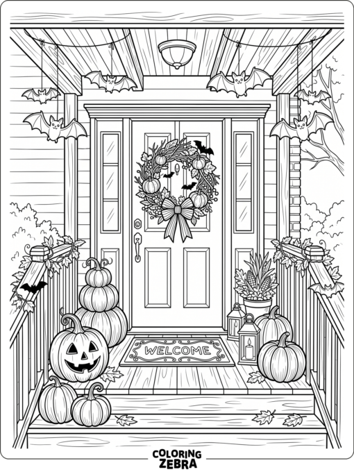 A decorated porch with pumpkins and bats