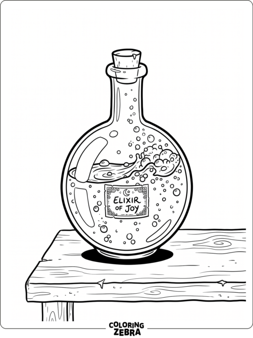 A potion bottle with bubbles and a label