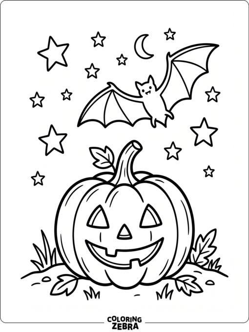 A jack-o-lantern with a bat overhead