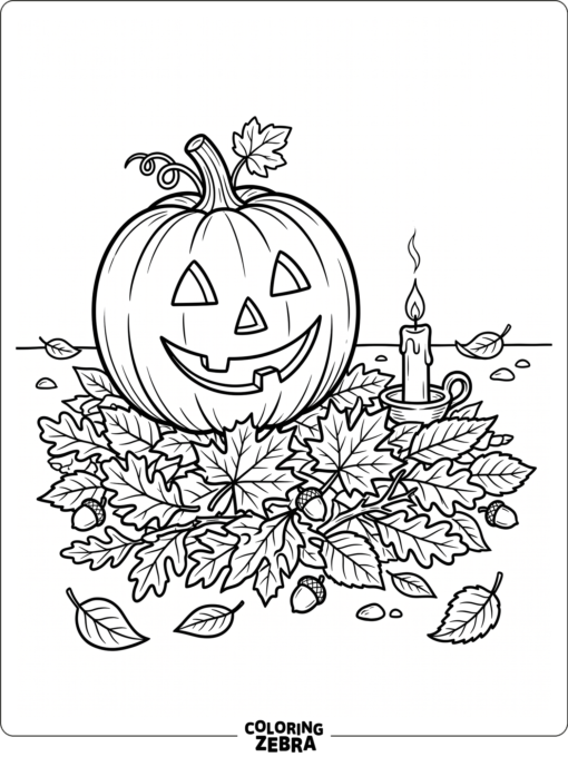 Jack-o'-lantern with leaves and a candle