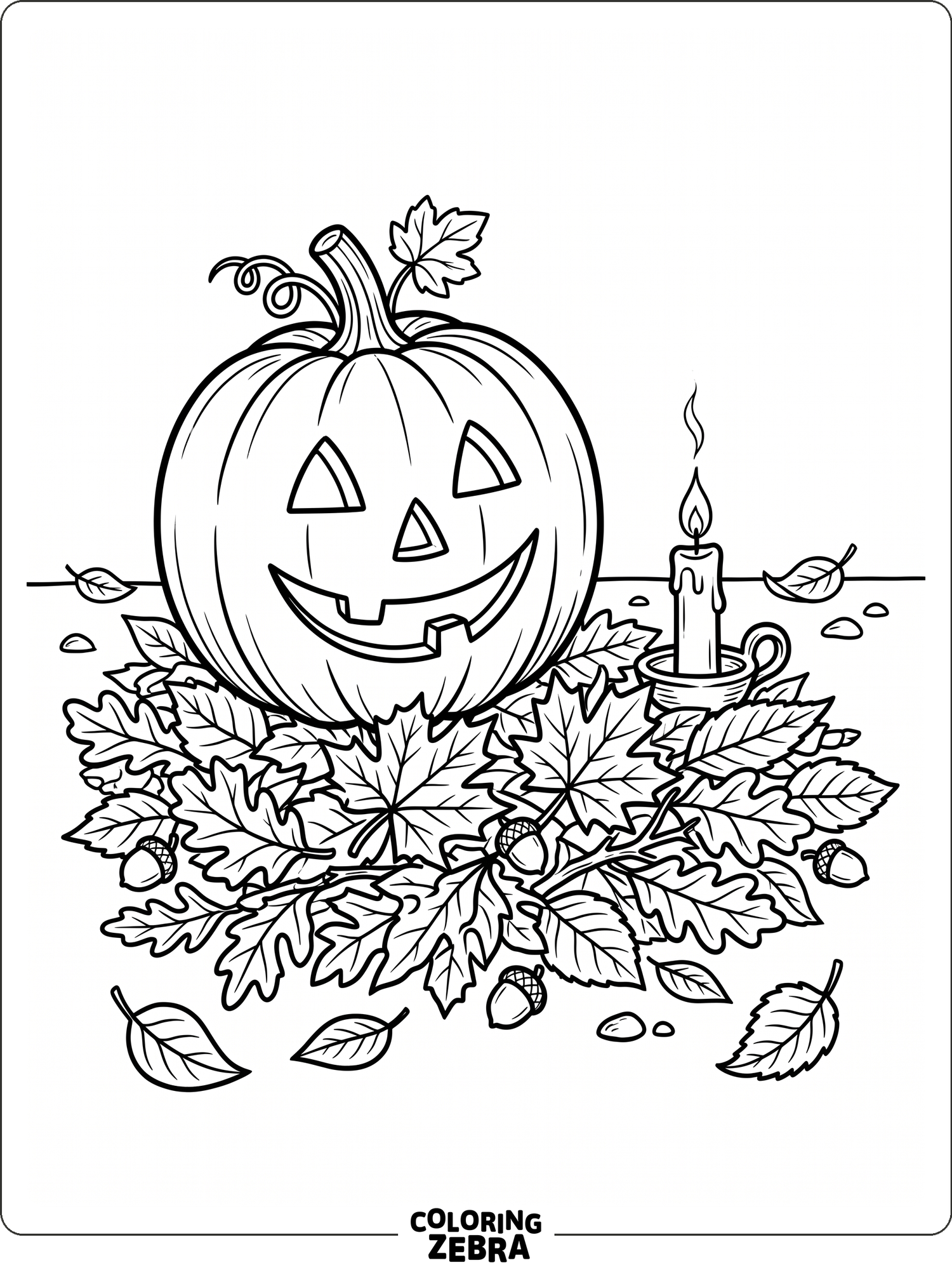 Jack-o'-lantern with leaves and a candle
