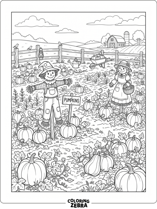 Pumpkin patch with vines, scarecrows, and a fence