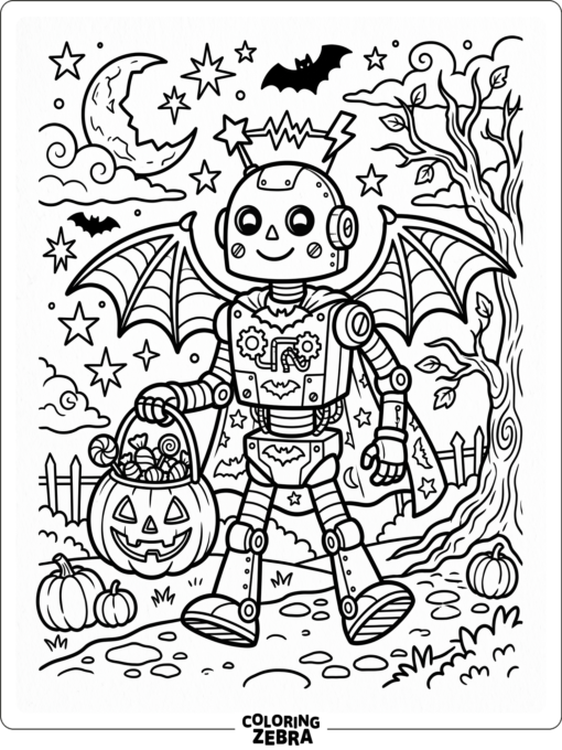 Halloween robot with pumpkin bucket and bat wings