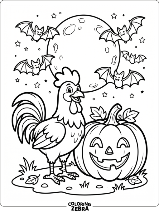 A rooster with a pumpkin and bats on Halloween