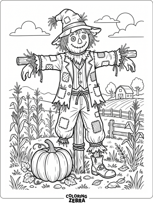 A scarecrow with straw hair and patchy clothes