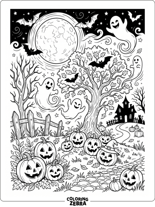 A Halloween scene with pumpkins, bats, ghosts, and a moon