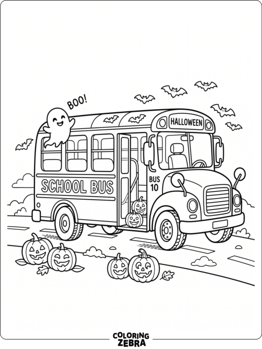 A school bus with pumpkins and Halloween decorations