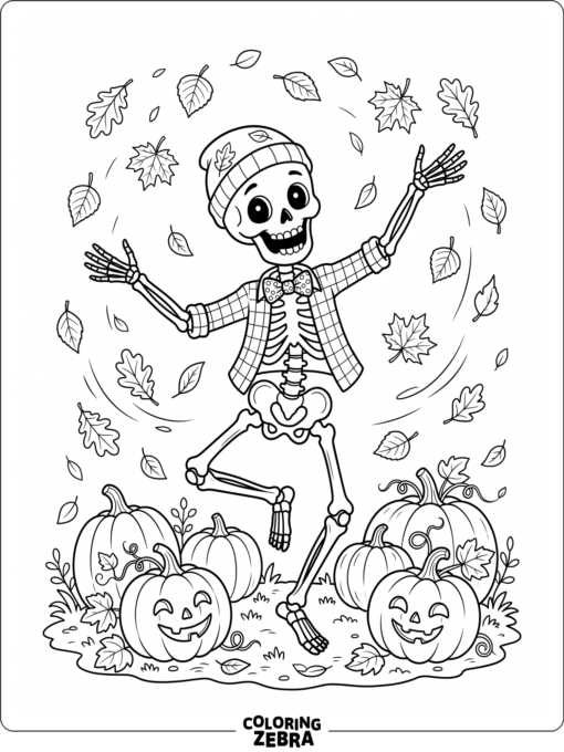 Dancing skeleton with pumpkins and leaves